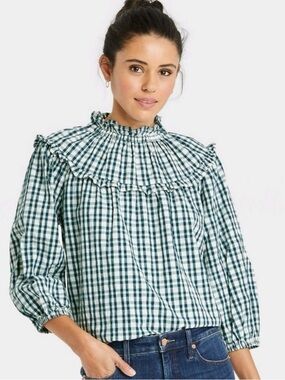 Universal thread 100% cotton gingham long sleeve picnic checkered ruffle blouse✨